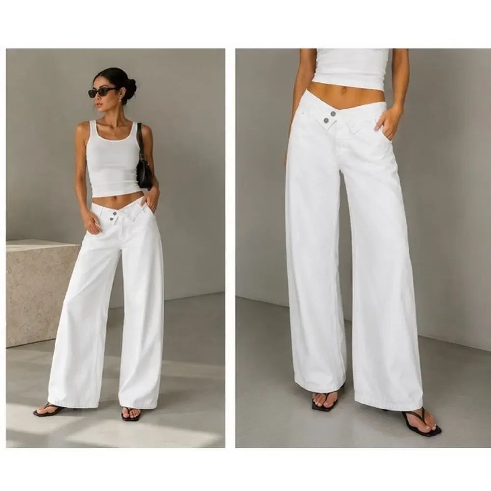 EB Denim White Asymmetric Fold Over Waist Wide Leg Jeans Size 27 Made USA - Picture 6 of 12